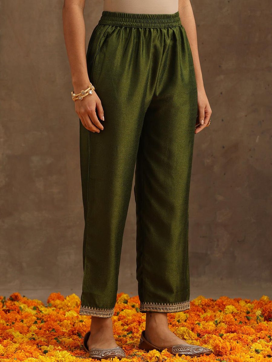 Olive Embroidered Silk Blend Suit set With Trousers - DWEEP SARA