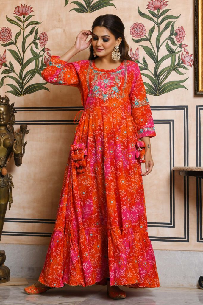 Orange Bandhani Anarkali Dress - DWEEP SARA