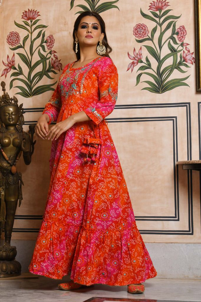 Orange Bandhani Anarkali Dress - DWEEP SARA