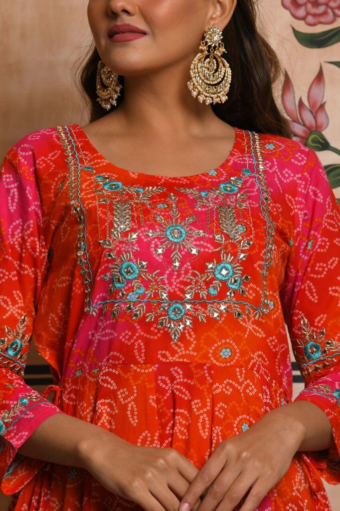 Orange Bandhani Anarkali Dress - DWEEP SARA