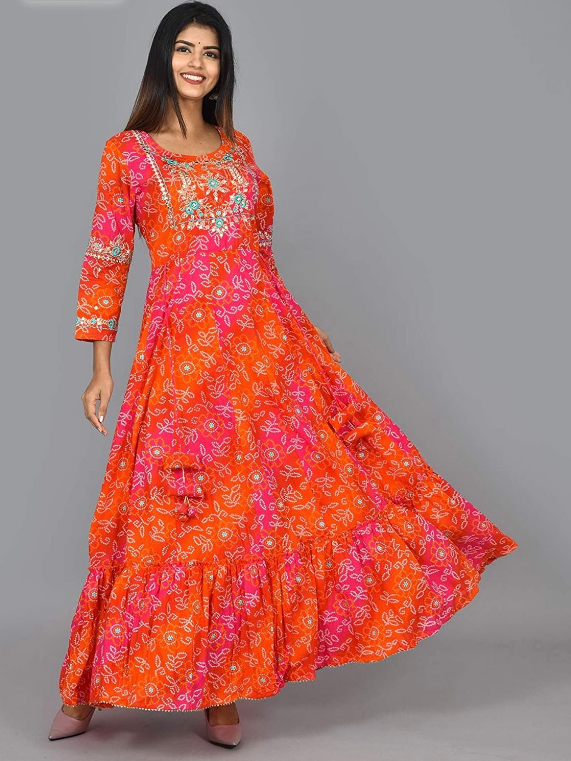 Orange Bandhani Anarkali Dress - DWEEP SARA