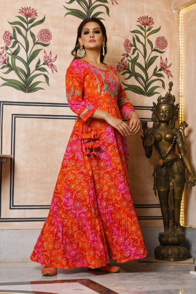 Orange Bandhani Anarkali Dress - DWEEP SARA