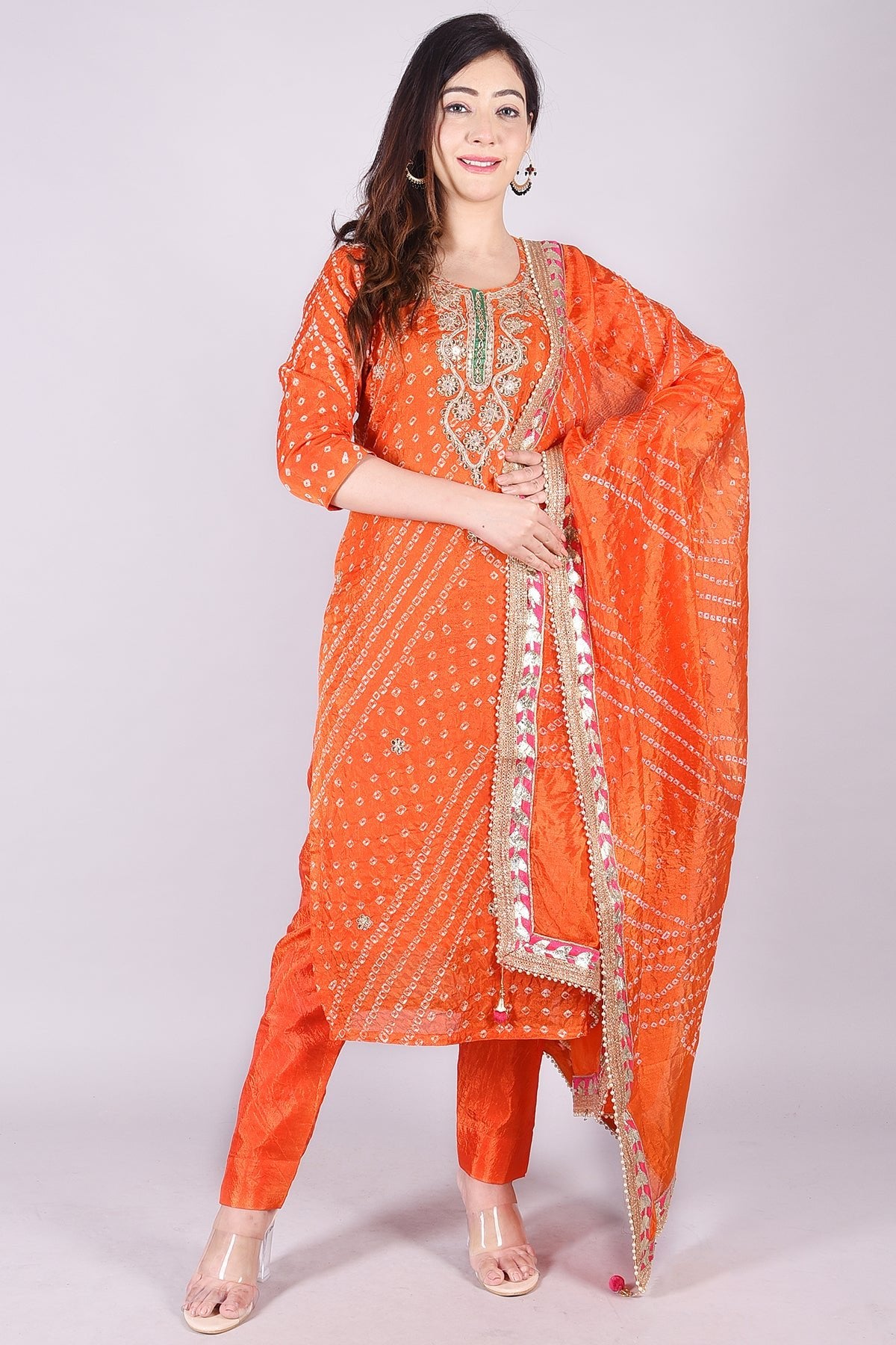 Orange Heavy Bandhej Embroidered Cotton Silk Suit Set - DWEEP SARA