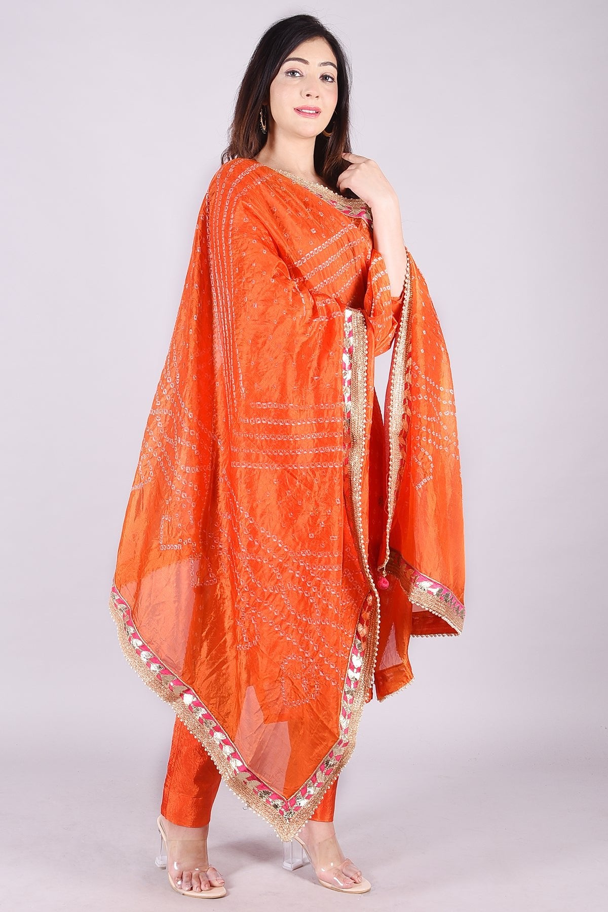 Orange Heavy Bandhej Embroidered Cotton Silk Suit Set - DWEEP SARA