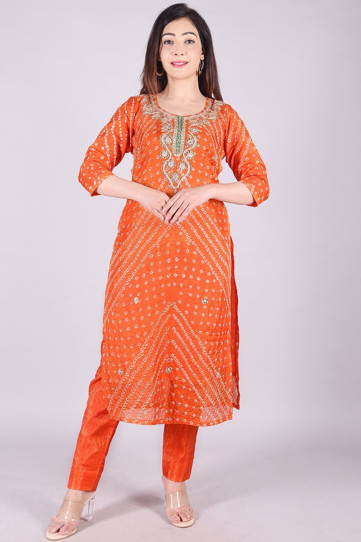 Orange Heavy Bandhej Embroidered Cotton Silk Suit Set - DWEEP SARA