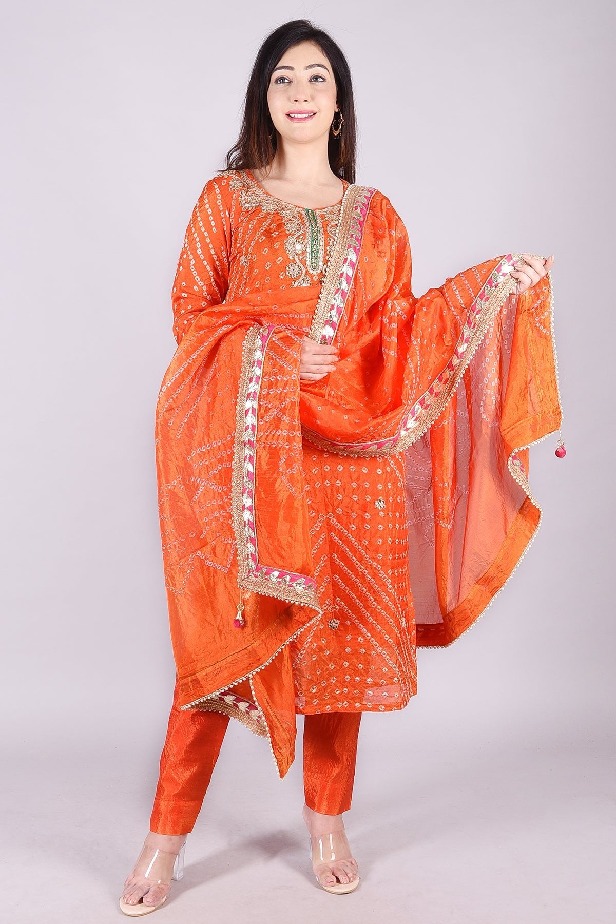 Orange Heavy Bandhej Embroidered Cotton Silk Suit Set - DWEEP SARA