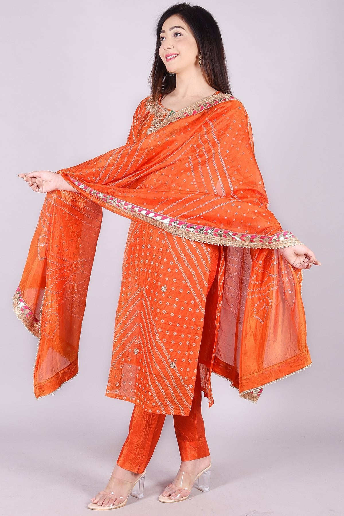 Orange Heavy Bandhej Embroidered Cotton Silk Suit Set - DWEEP SARA