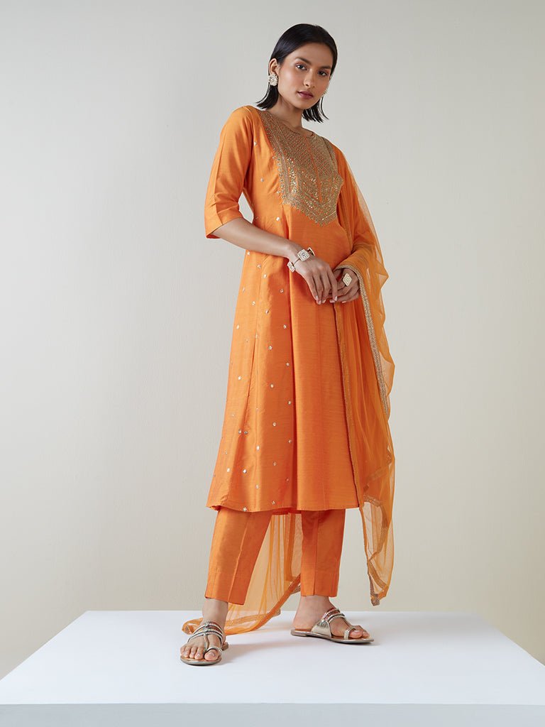 Orange Sequin Embroidered Anarkali Kurta Set - DWEEP SARA