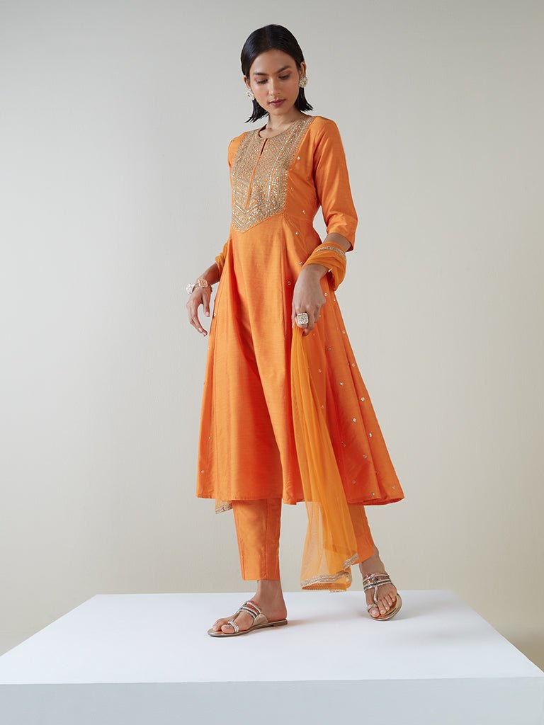 Orange Sequin Embroidered Anarkali Kurta Set - DWEEP SARA