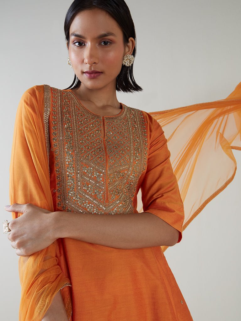 Orange Sequin Embroidered Anarkali Kurta Set - DWEEP SARA