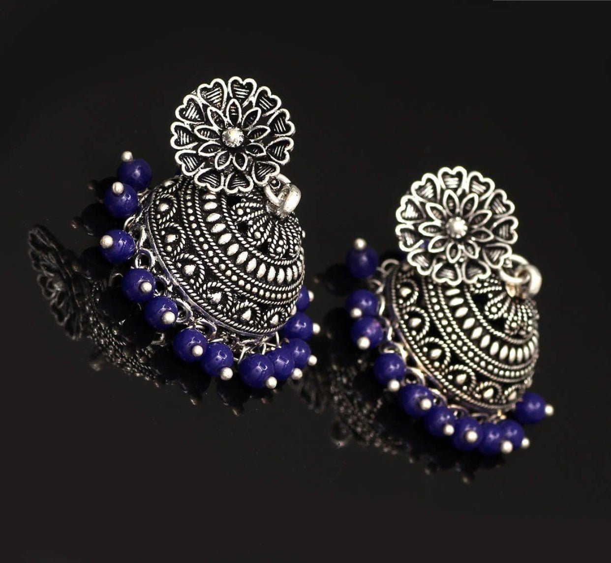 Oxidized Silver Plated Blue Color Traditional Brass Earrings Jewellery - DWEEP SARA