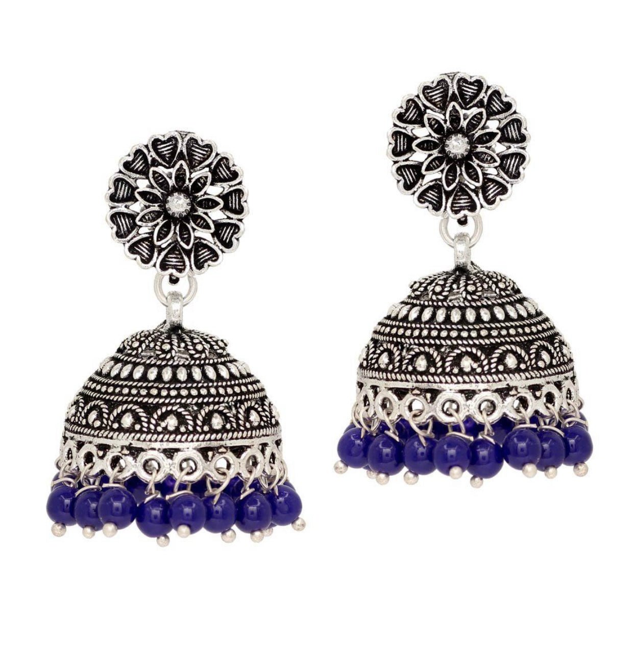 Oxidized Silver Plated Blue Color Traditional Brass Earrings Jewellery - DWEEP SARA