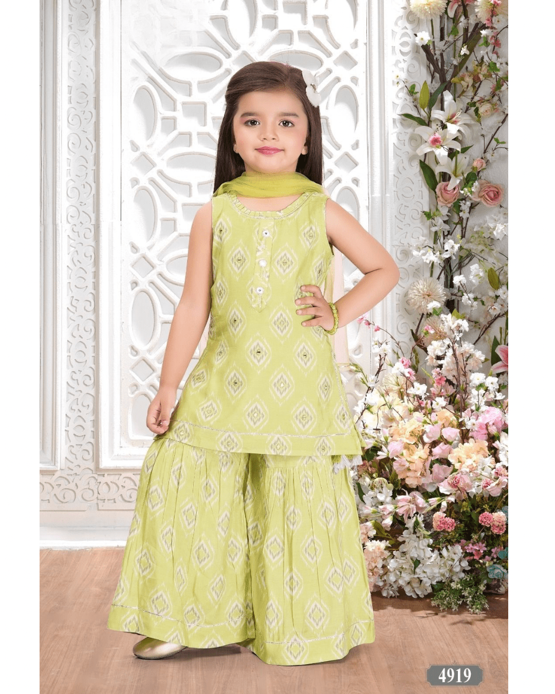 Parrot Lime Green Girls Sharara Suit Set with Exquisite Mirror & Hand Embroidery - DWEEP SARA