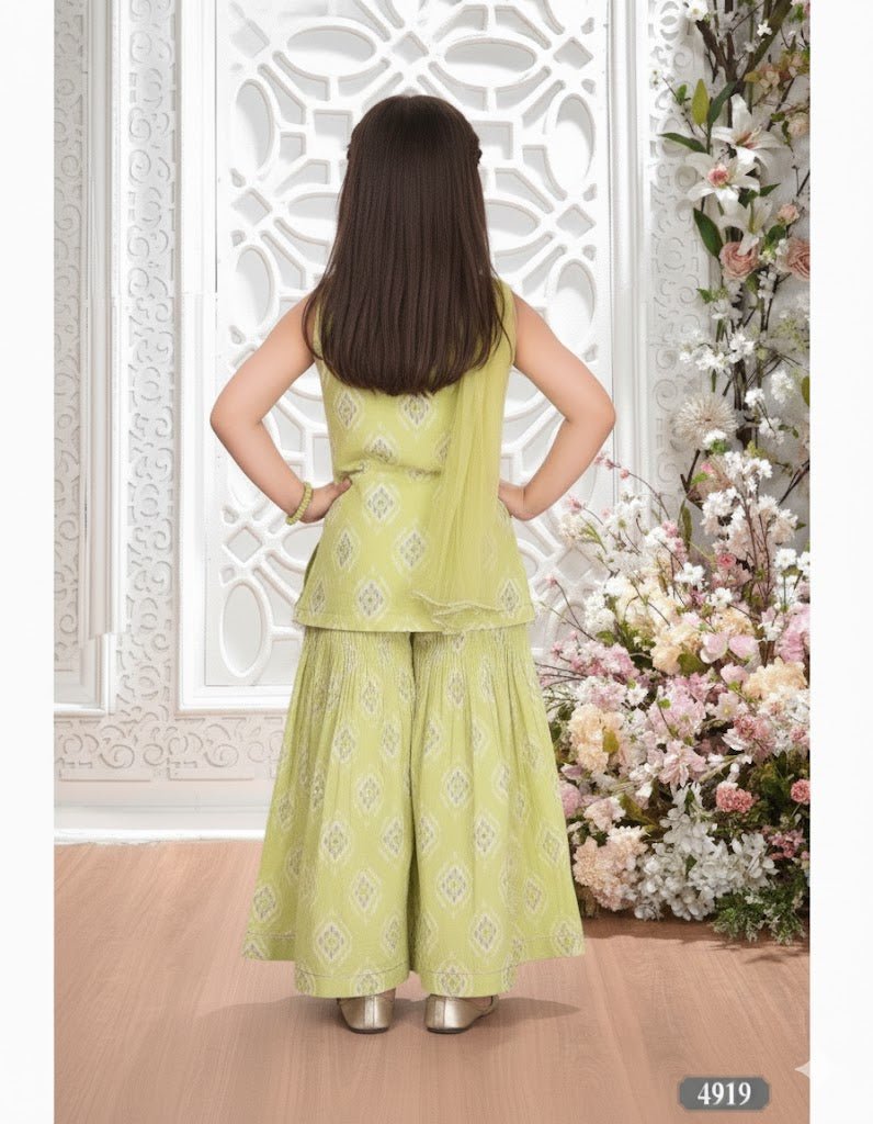 Parrot Lime Green Girls Sharara Suit Set with Exquisite Mirror & Hand Embroidery - DWEEP SARA