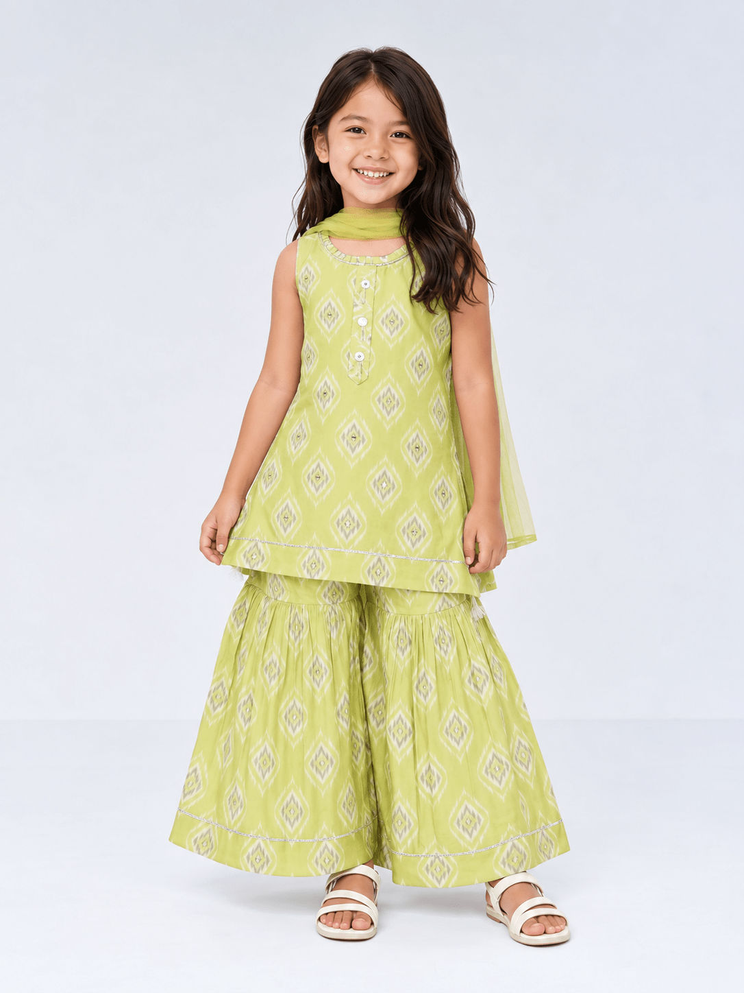 Parrot Lime Green Girls Sharara Suit Set with Exquisite Mirror & Hand Embroidery - DWEEP SARA