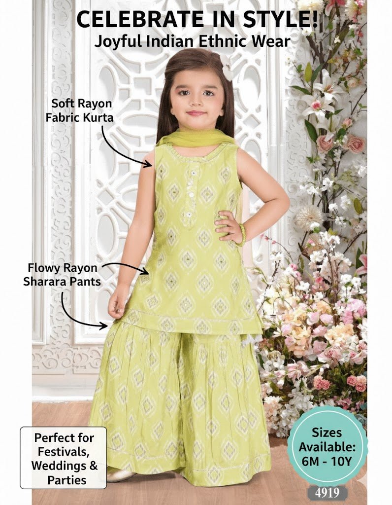 Parrot Lime Green Girls Sharara Suit Set with Exquisite Mirror & Hand Embroidery - DWEEP SARA