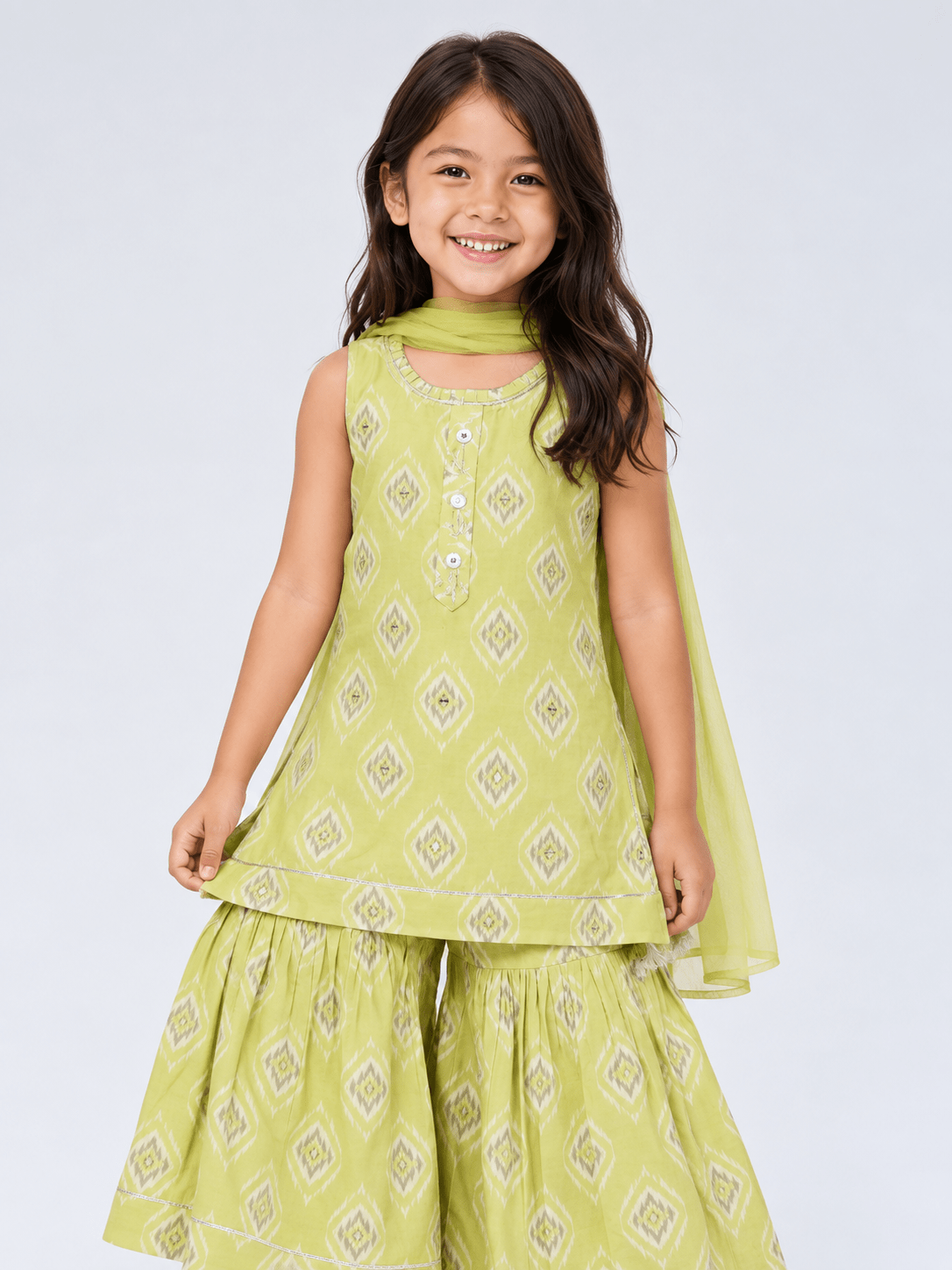 Parrot Lime Green Girls Sharara Suit Set with Exquisite Mirror & Hand Embroidery - DWEEP SARA