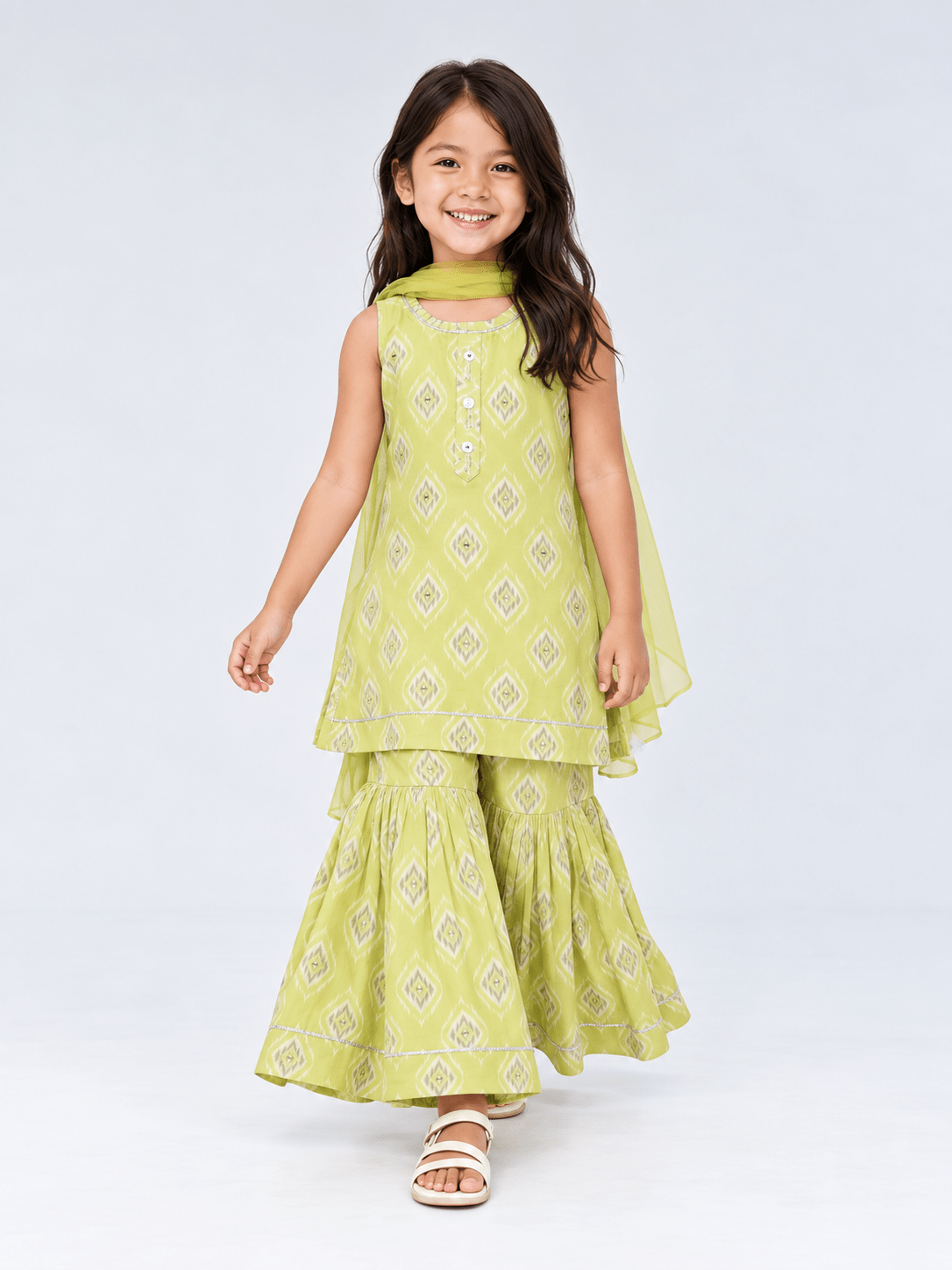 Parrot Lime Green Girls Sharara Suit Set with Exquisite Mirror & Hand Embroidery - DWEEP SARA
