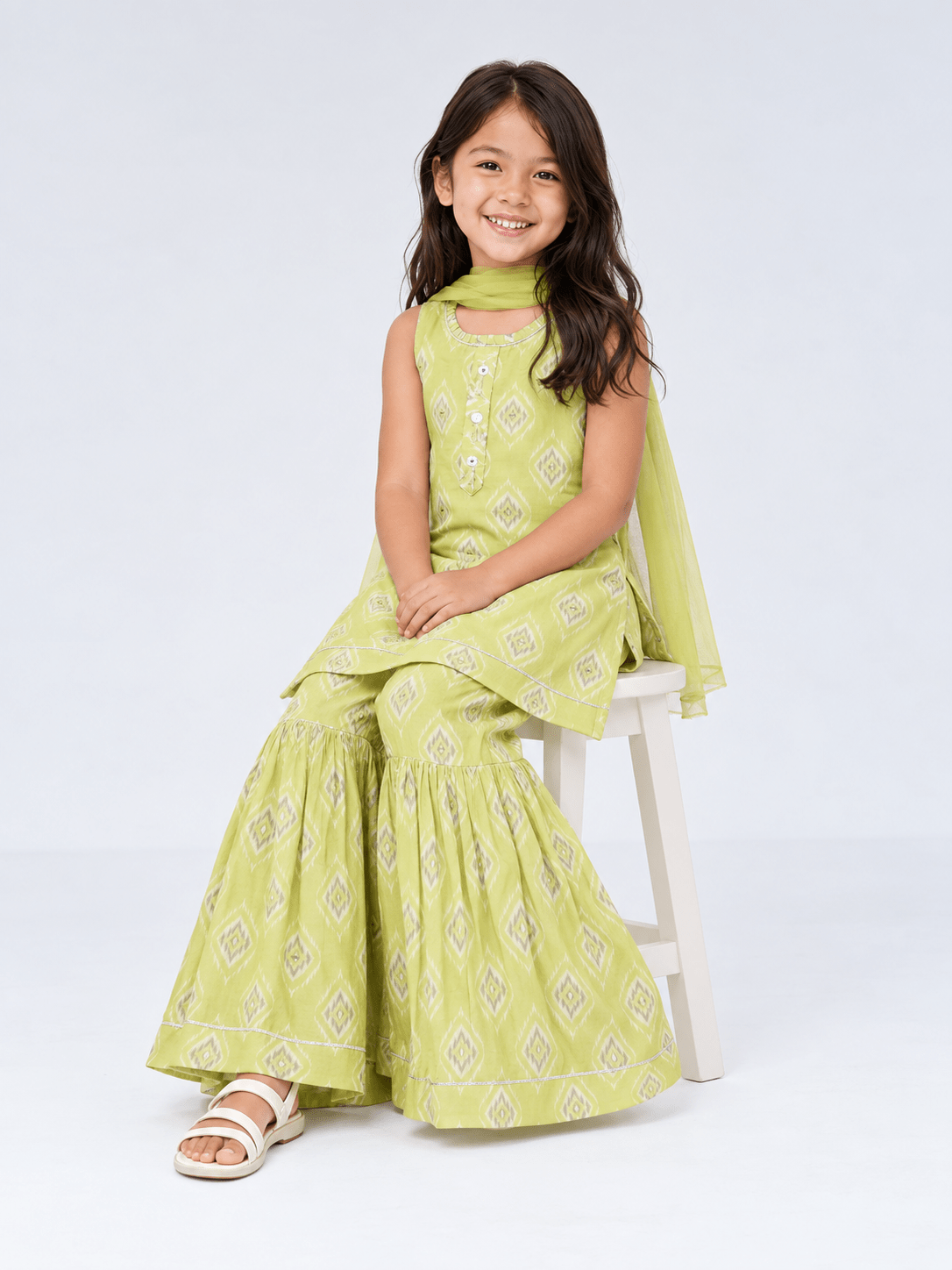 Parrot Lime Green Girls Sharara Suit Set with Exquisite Mirror & Hand Embroidery - DWEEP SARA