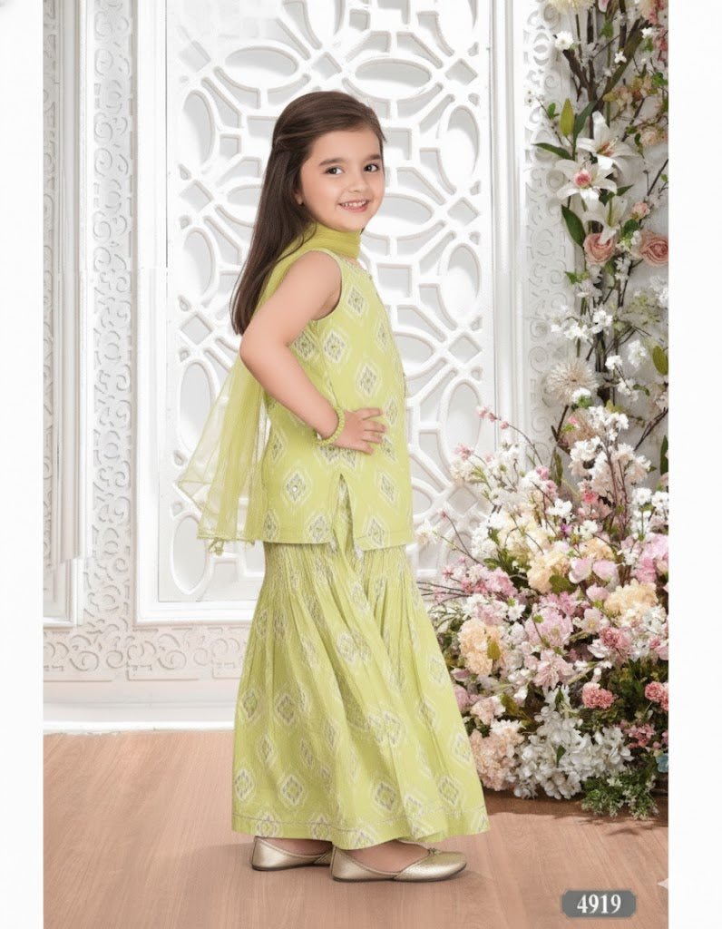 Parrot Lime Green Girls Sharara Suit Set with Exquisite Mirror & Hand Embroidery - DWEEP SARA