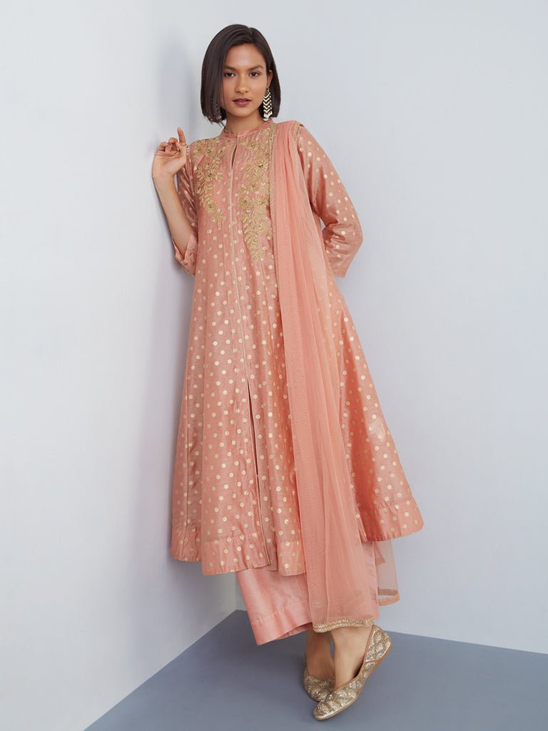 Peach Embroidered Double Anarkali Suit Set - DWEEP SARA