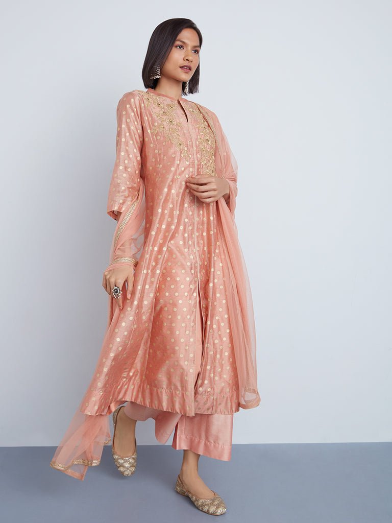 Peach Embroidered Double Anarkali Suit Set - DWEEP SARA