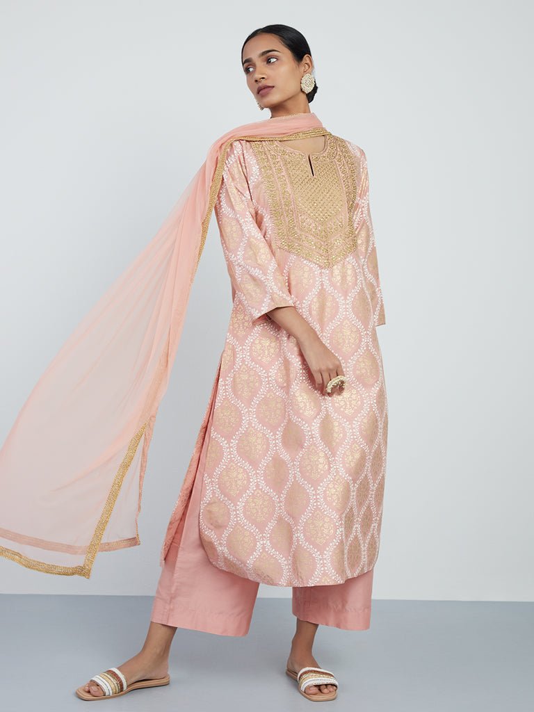 Peach Embroidered Viscose Silk Suit Set - DWEEP SARA