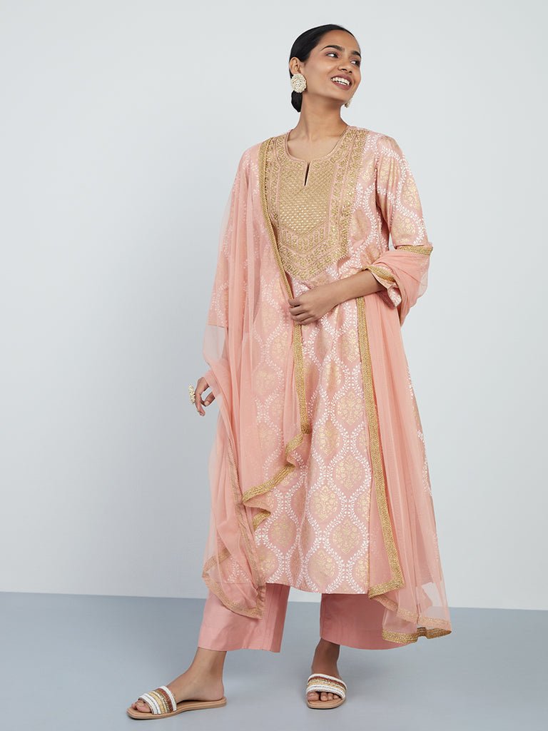 Peach Embroidered Viscose Silk Suit Set - DWEEP SARA