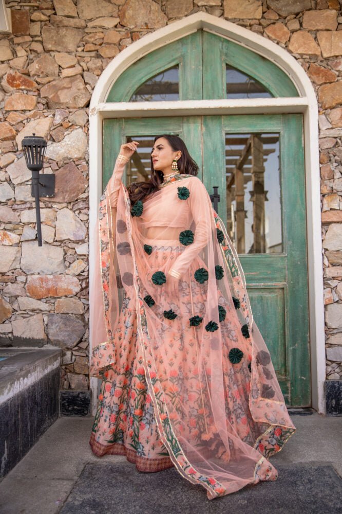 PEACH FLORAL SILK CHANDERI LEHNGA SET - DWEEP SARA