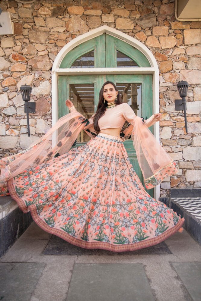 PEACH FLORAL SILK CHANDERI LEHNGA SET - DWEEP SARA