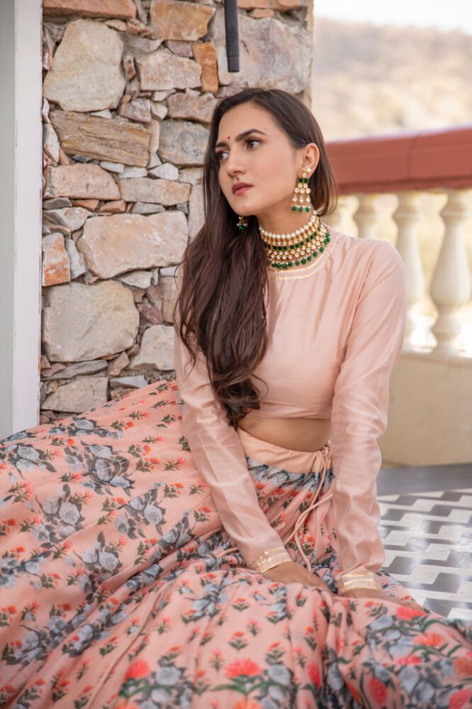 PEACH FLORAL SILK CHANDERI LEHNGA SET - DWEEP SARA