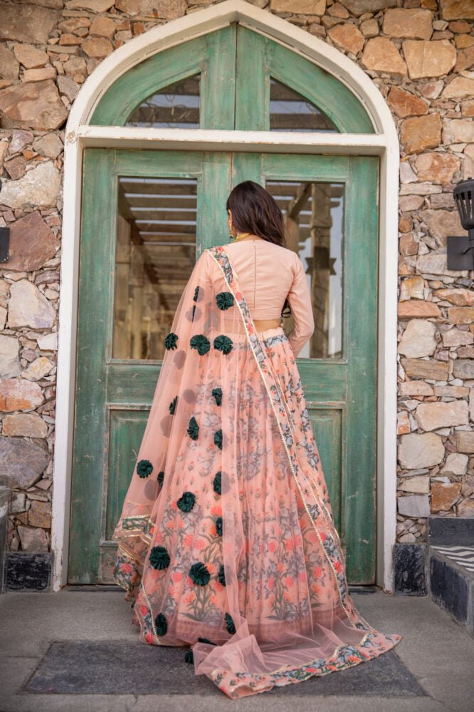 PEACH FLORAL SILK CHANDERI LEHNGA SET - DWEEP SARA