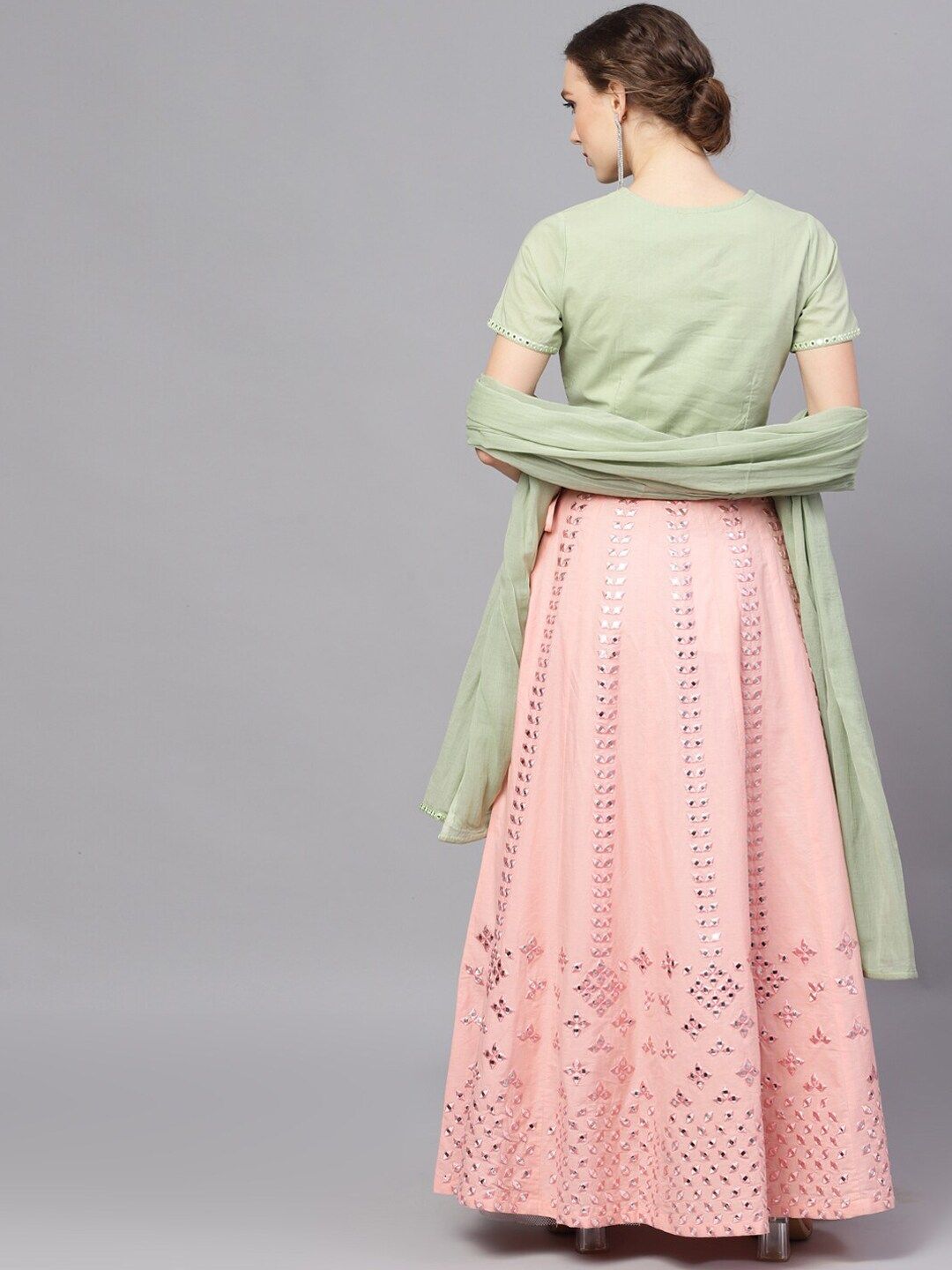 Peach & Green Mirror Work Lehenga - DWEEP SARA