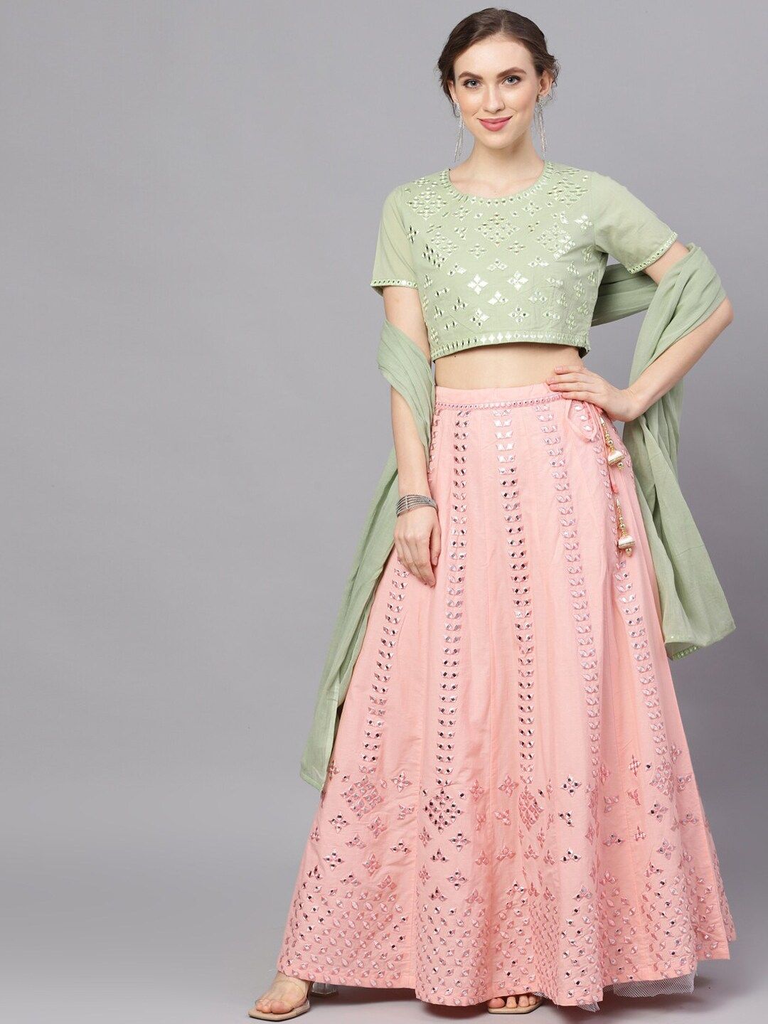 Peach & Green Mirror Work Lehenga - DWEEP SARA