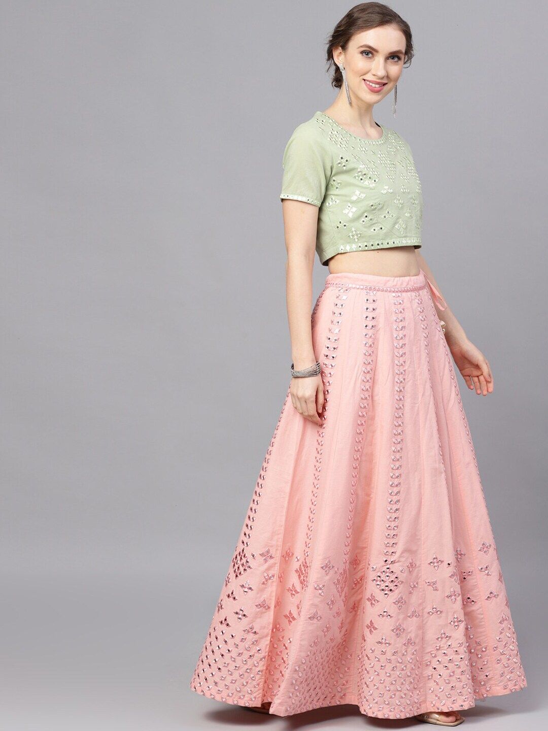 Peach & Green Mirror Work Lehenga - DWEEP SARA