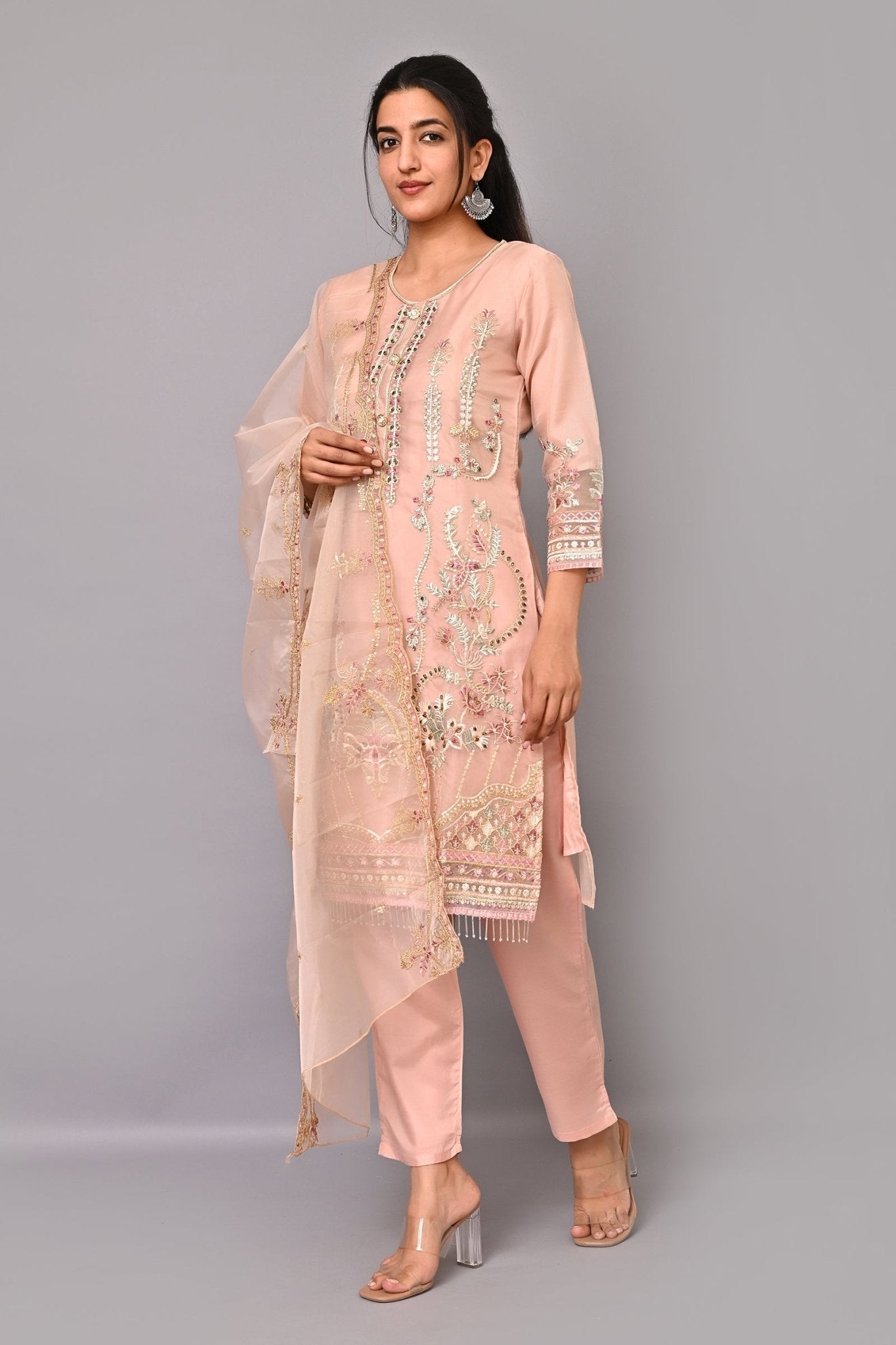 Peach Pink Embroidered Kurta Set with Pant and Dupatta - DWEEP SARA