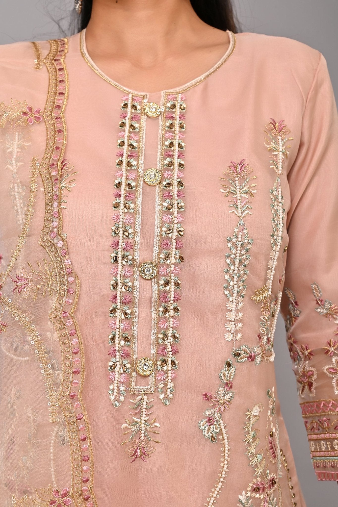 Peach Pink Embroidered Kurta Set with Pant and Dupatta - DWEEP SARA
