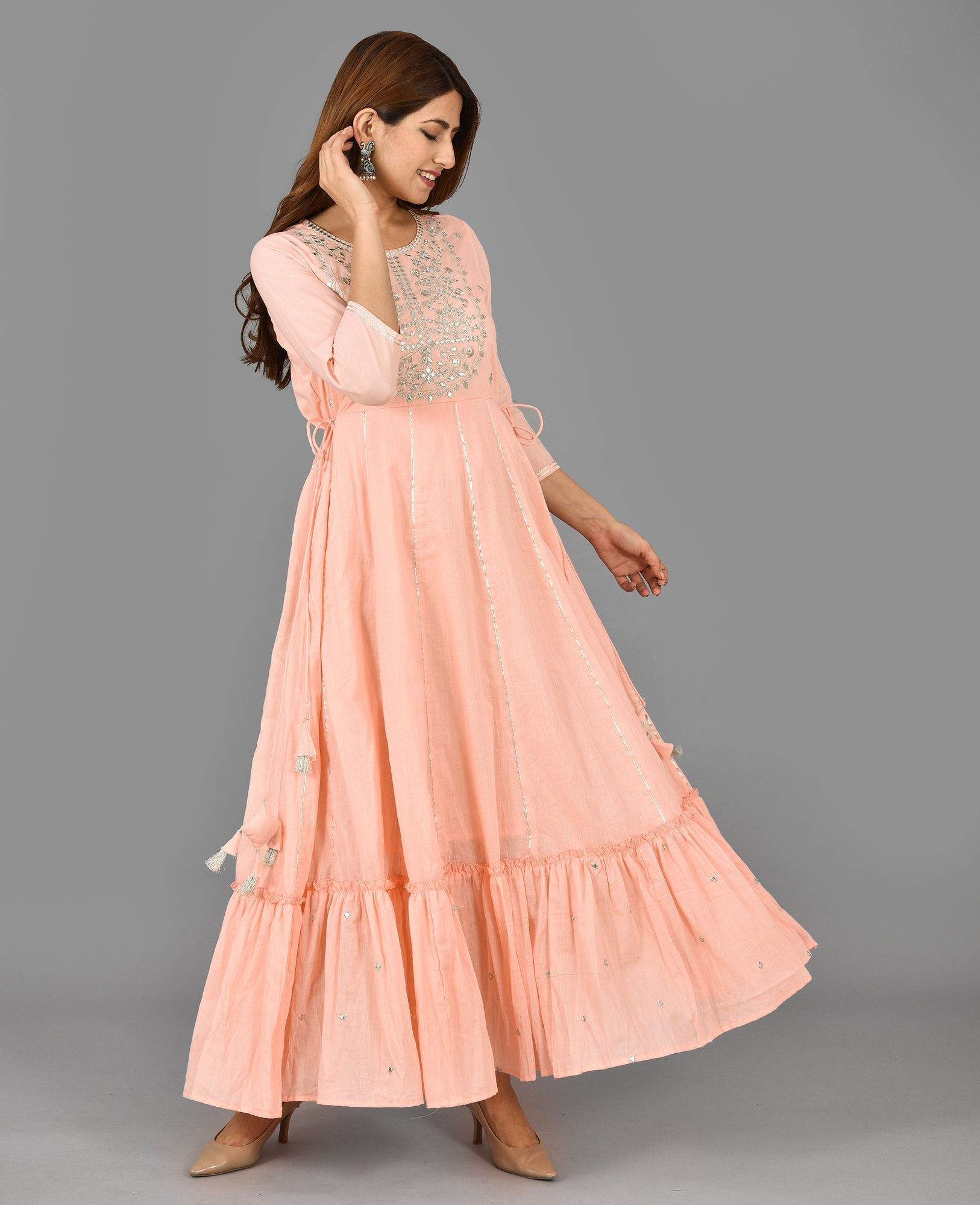 Peach Solid Print Anarkali Dress - DWEEP SARA