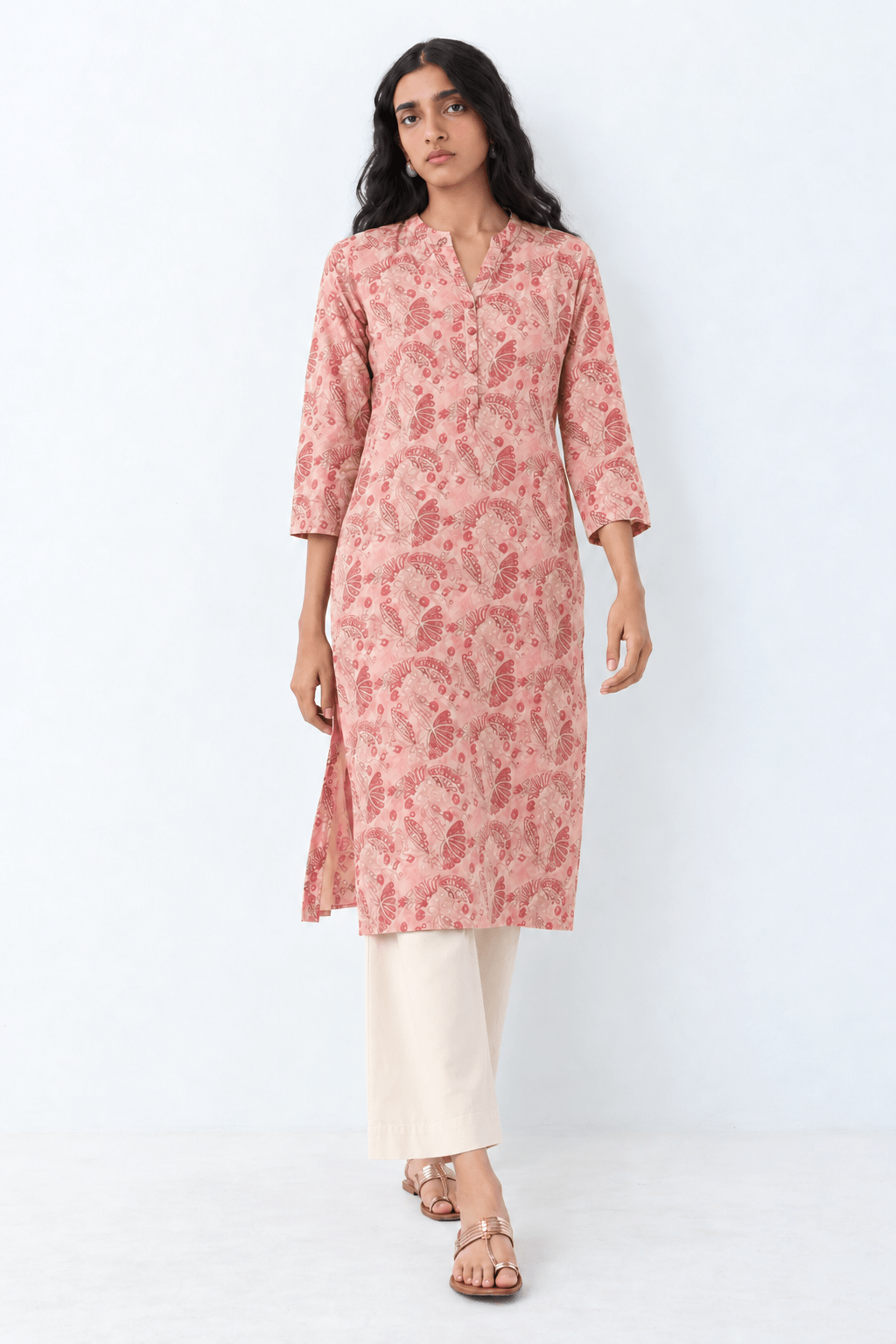 Peach Viscose Rayon Floral Printed Straight Kurta - DWEEP SARA
