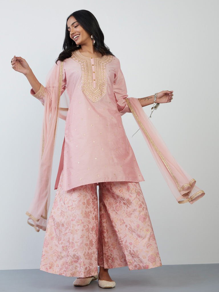 Pink Embroidered Gharara Suit Set - DWEEP SARA