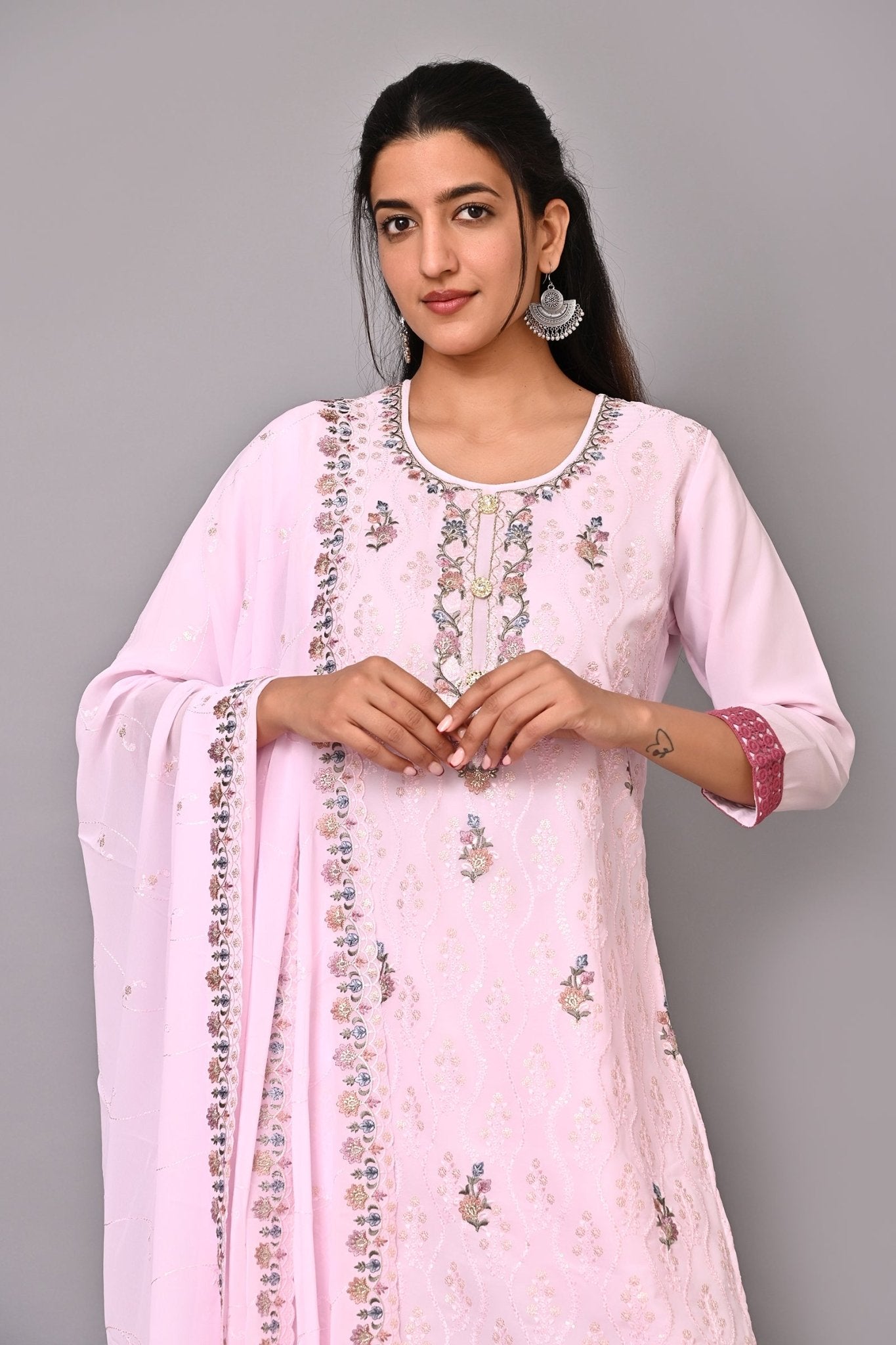Pink Georgette Embroidered Kurta Set with Pant and Dupatta - DWEEP SARA