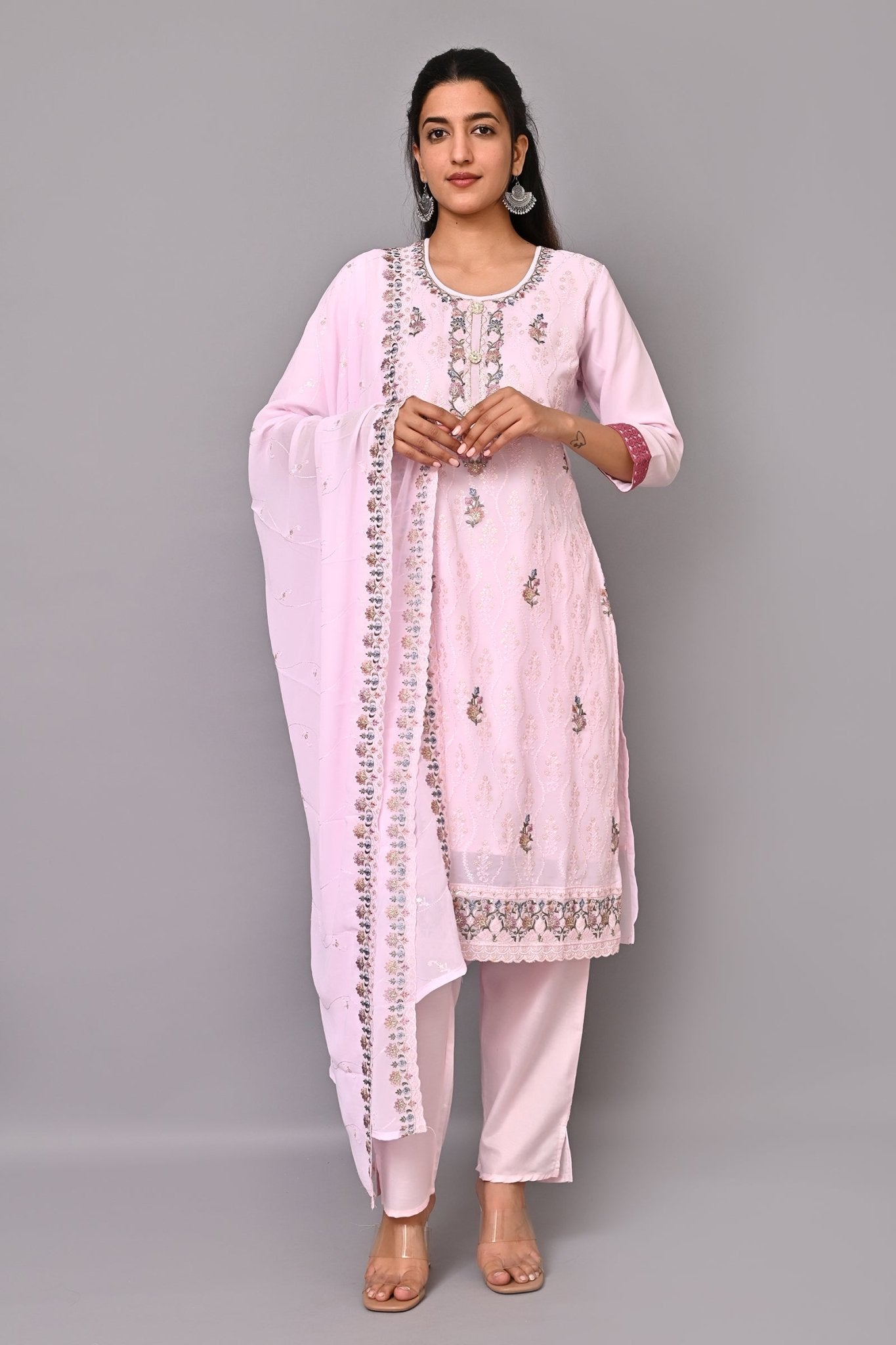 Pink Georgette Embroidered Kurta Set with Pant and Dupatta - DWEEP SARA
