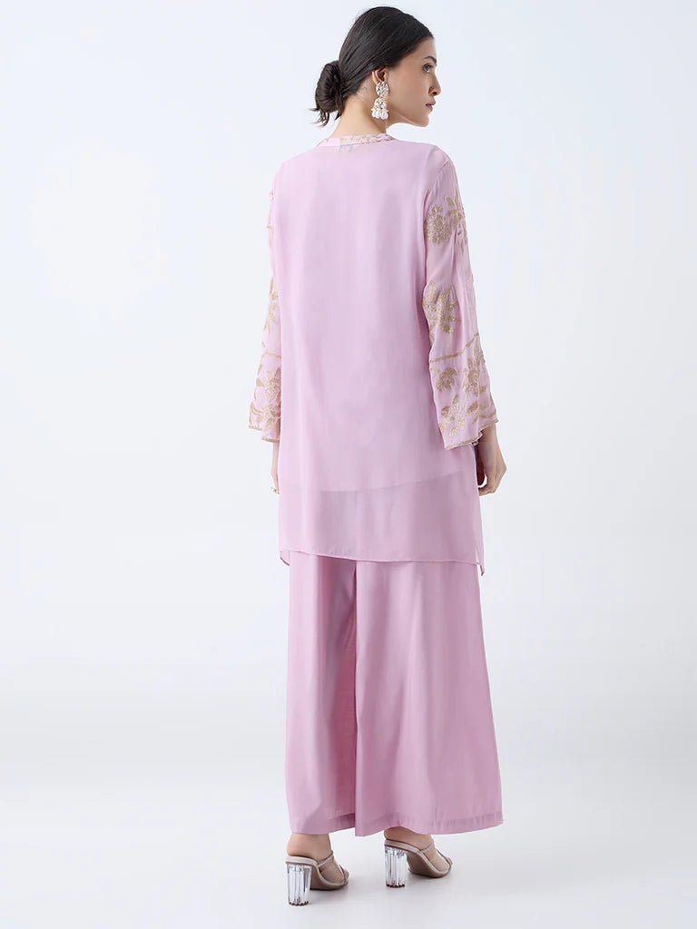 Pink Lilac Floral Embroidered Two pieces Straight Ethnic Set - DWEEP SARA