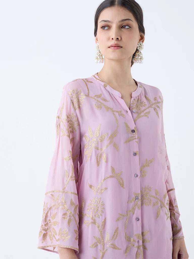 Pink Lilac Floral Embroidered Two pieces Straight Ethnic Set - DWEEP SARA