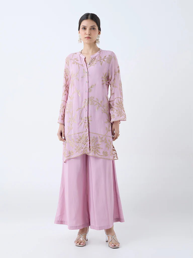Pink Lilac Floral Embroidered Two pieces Straight Ethnic Set - DWEEP SARA