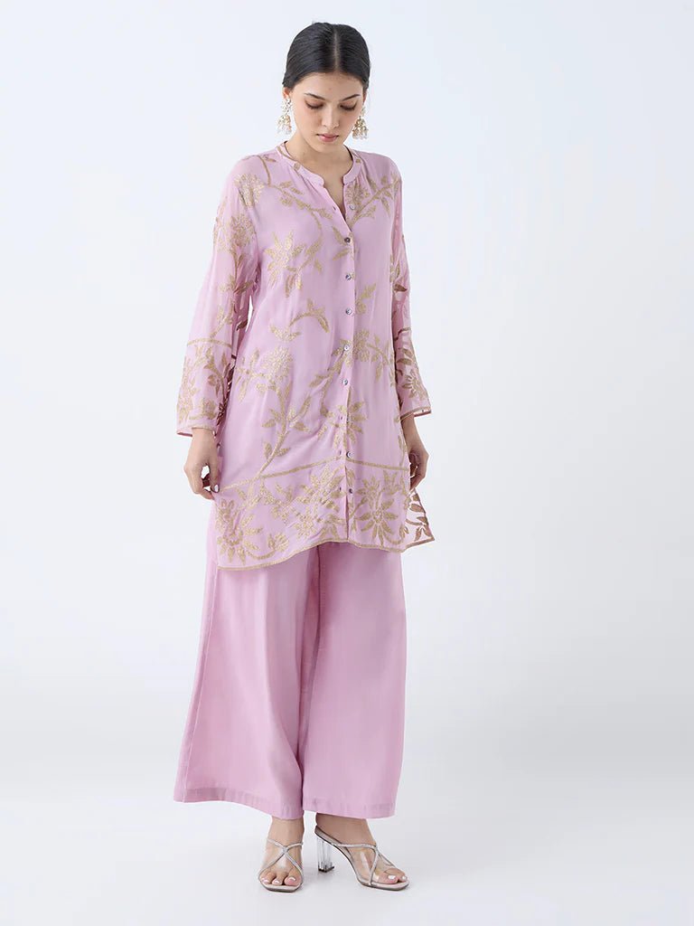 Pink Lilac Floral Embroidered Two pieces Straight Ethnic Set - DWEEP SARA