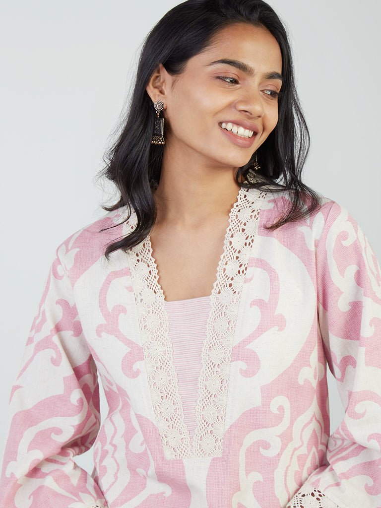 Pink Printed A - Line Cotton Kurta - DWEEP SARA