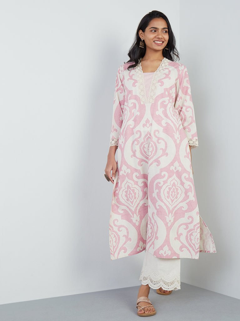 Pink Printed A - Line Cotton Kurta - DWEEP SARA