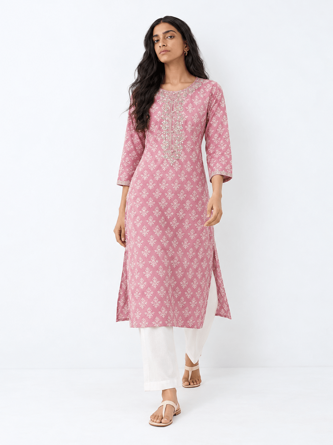 Pink Silk Blend Embroidered Straight Kurta - DWEEP SARA
