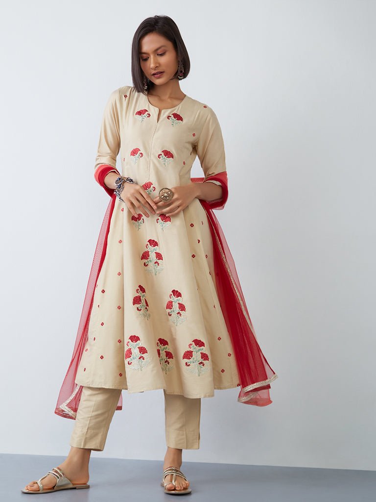 Premium Light Gold Red Hand Embroidered Anarkali Suit Set - DWEEP SARA